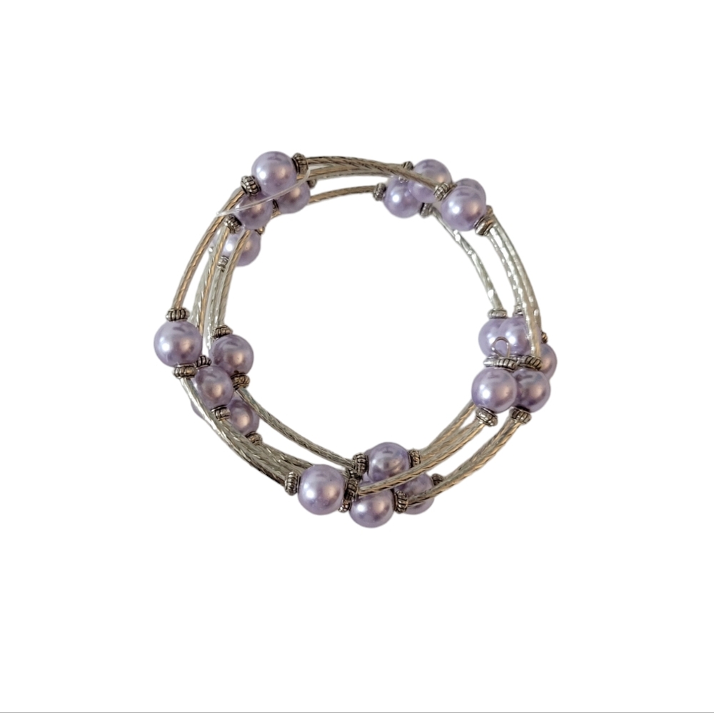 Wire Wrap Bracelet Faux Pearl Silvertone Lavender